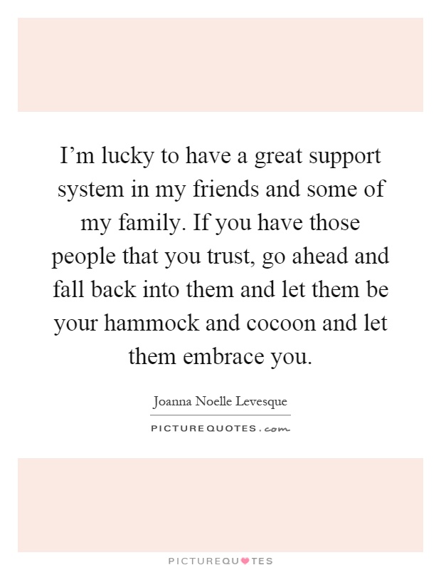 I'm lucky to have a great support system in my friends and some of my family. If you have those people that you trust, go ahead and fall back into them and let them be your hammock and cocoon and let them embrace you Picture Quote #1