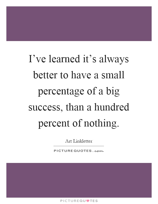 I've learned it's always better to have a small percentage of a big success, than a hundred percent of nothing Picture Quote #1