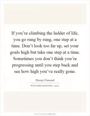 If you’re climbing the ladder of life, you go rung by rung, one step at a time. Don’t look too far up, set your goals high but take one step at a time. Sometimes you don’t think you’re progressing until you step back and see how high you’ve really gone Picture Quote #1
