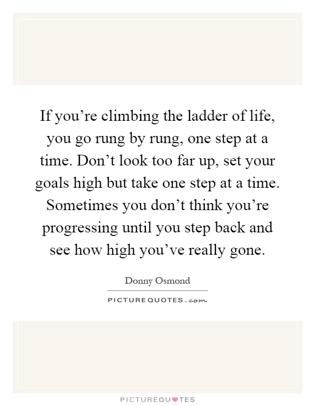 If you're climbing the ladder of life, you go rung by rung, one step at a time. Don't look too far up, set your goals high but take one step at a time. Sometimes you don't think you're progressing until you step back and see how high you've really gone Picture Quote #1