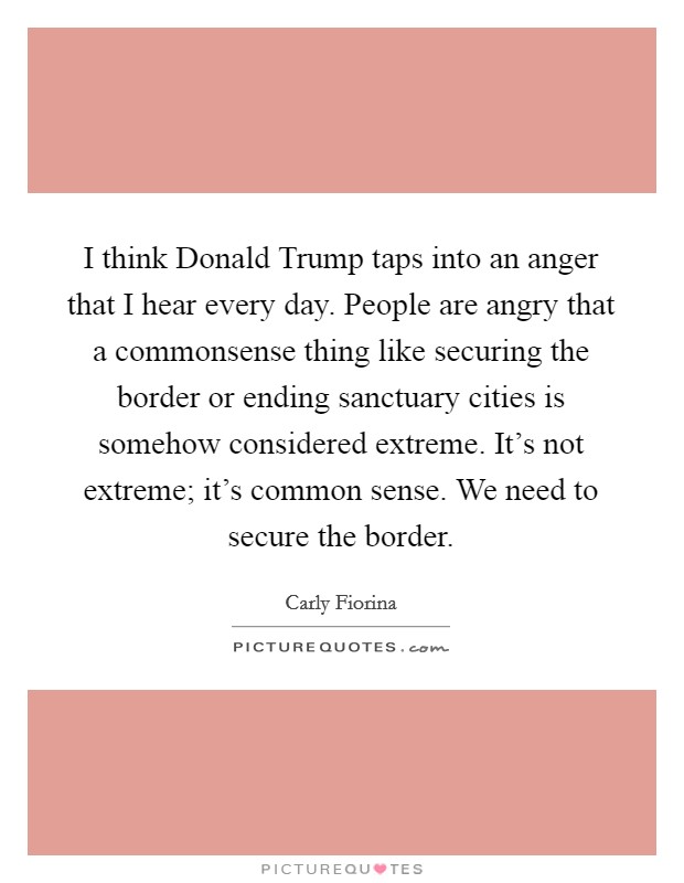 I think Donald Trump taps into an anger that I hear every day. People are angry that a commonsense thing like securing the border or ending sanctuary cities is somehow considered extreme. It's not extreme; it's common sense. We need to secure the border. Picture Quote #1