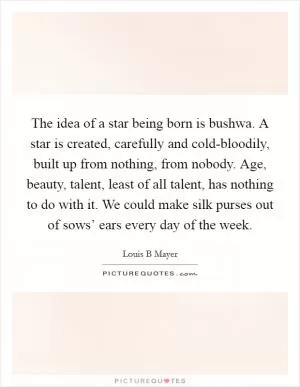 The idea of a star being born is bushwa. A star is created, carefully and cold-bloodily, built up from nothing, from nobody. Age, beauty, talent, least of all talent, has nothing to do with it. We could make silk purses out of sows’ ears every day of the week Picture Quote #1