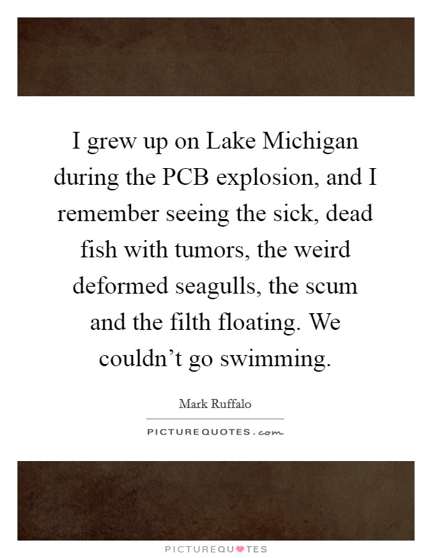 I grew up on Lake Michigan during the PCB explosion, and I remember seeing the sick, dead fish with tumors, the weird deformed seagulls, the scum and the filth floating. We couldn't go swimming. Picture Quote #1