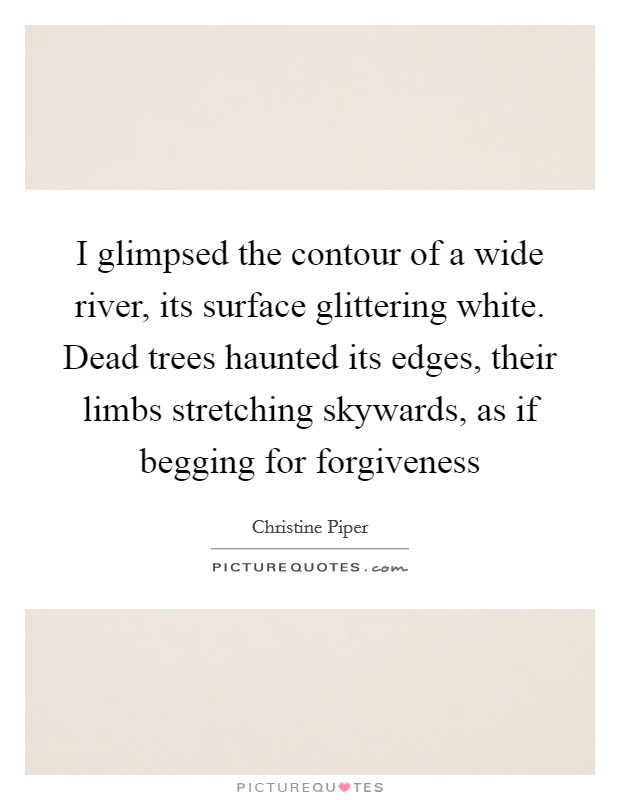 I glimpsed the contour of a wide river, its surface glittering white. Dead trees haunted its edges, their limbs stretching skywards, as if begging for forgiveness Picture Quote #1