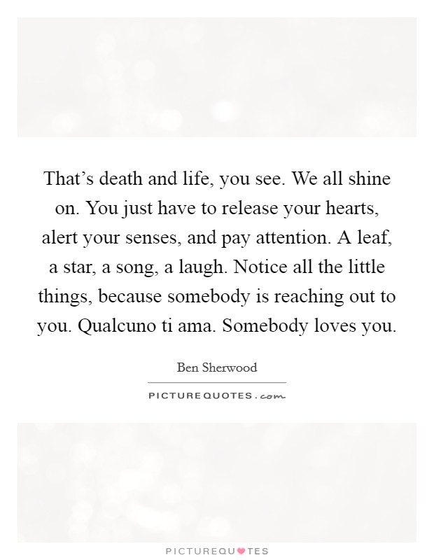 That's death and life, you see. We all shine on. You just have to release your hearts, alert your senses, and pay attention. A leaf, a star, a song, a laugh. Notice all the little things, because somebody is reaching out to you. Qualcuno ti ama. Somebody loves you. Picture Quote #1