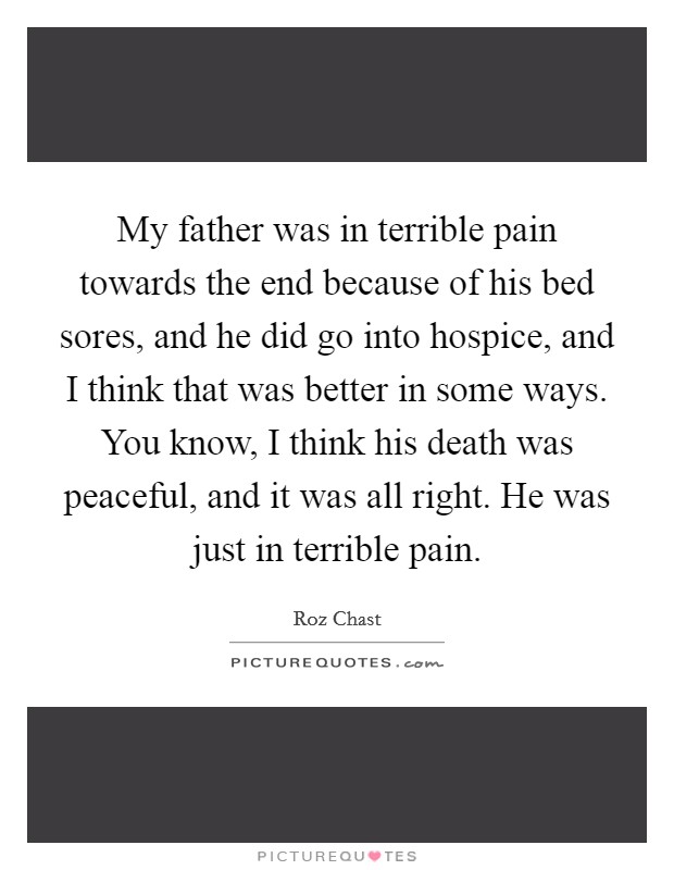 My father was in terrible pain towards the end because of his bed sores, and he did go into hospice, and I think that was better in some ways. You know, I think his death was peaceful, and it was all right. He was just in terrible pain. Picture Quote #1
