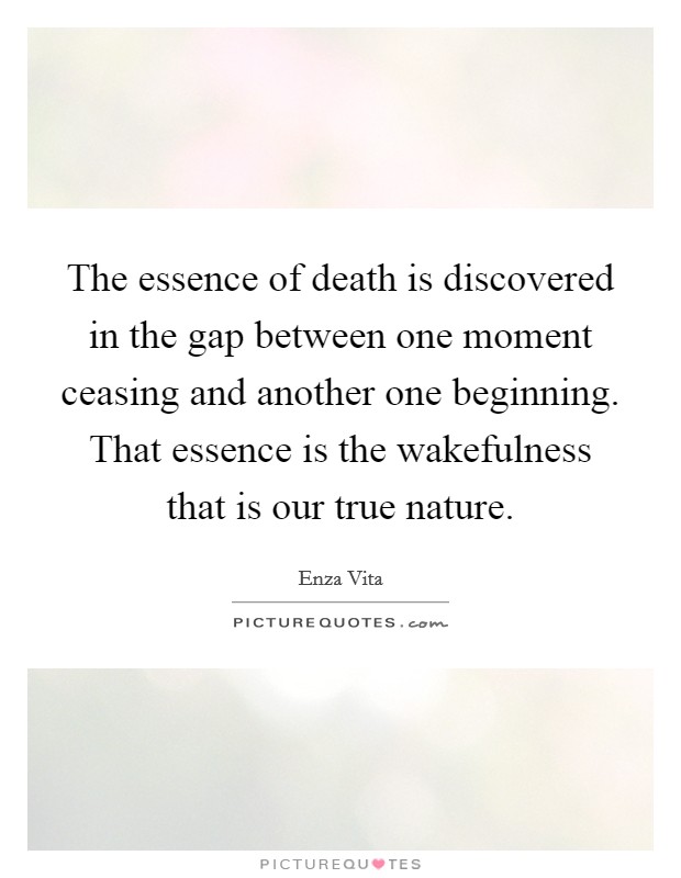 The essence of death is discovered in the gap between one moment ceasing and another one beginning. That essence is the wakefulness that is our true nature. Picture Quote #1