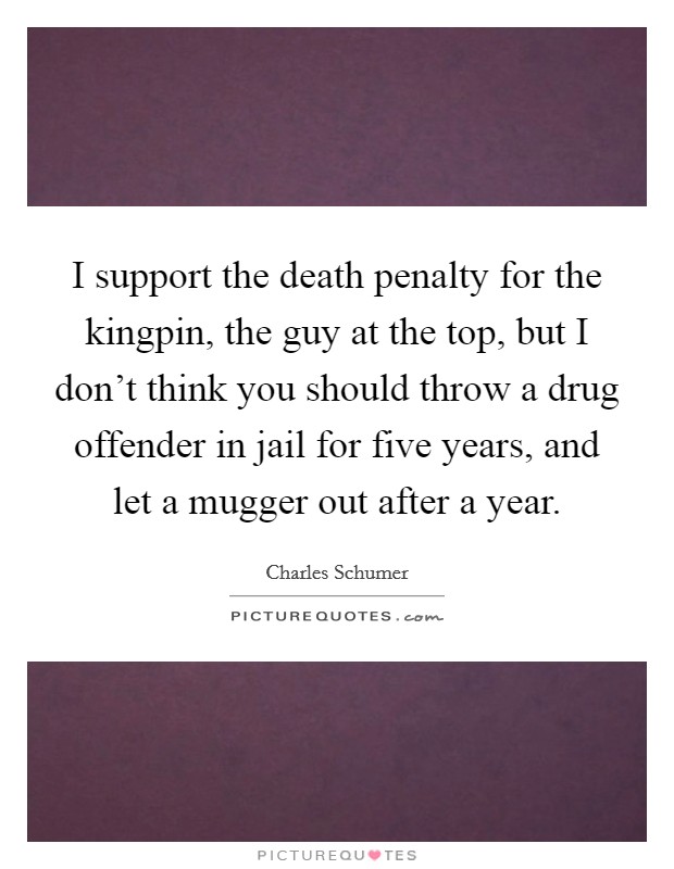 I support the death penalty for the kingpin, the guy at the top, but I don't think you should throw a drug offender in jail for five years, and let a mugger out after a year. Picture Quote #1