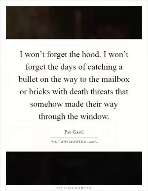 I won’t forget the hood. I won’t forget the days of catching a bullet on the way to the mailbox or bricks with death threats that somehow made their way through the window Picture Quote #1