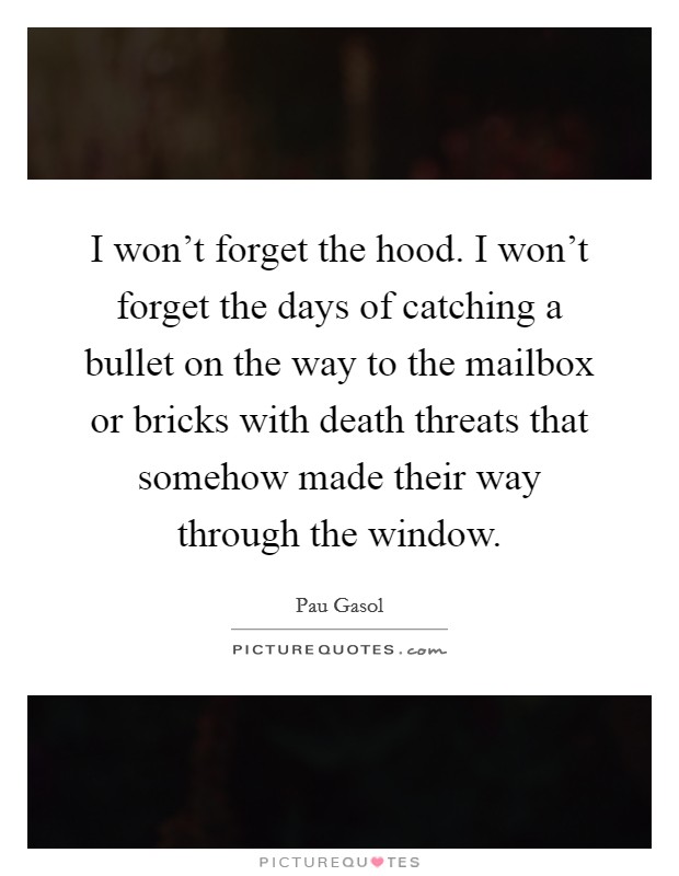 I won't forget the hood. I won't forget the days of catching a bullet on the way to the mailbox or bricks with death threats that somehow made their way through the window. Picture Quote #1