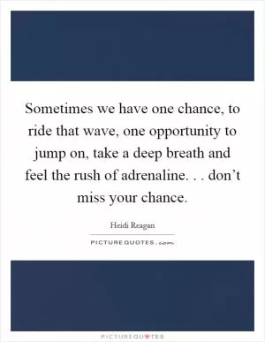 Sometimes we have one chance, to ride that wave, one opportunity to jump on, take a deep breath and feel the rush of adrenaline. . . don’t miss your chance Picture Quote #1