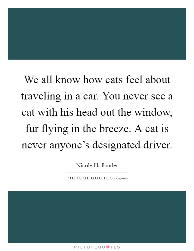 We all know how cats feel about traveling in a car. You never see a cat with his head out the window, fur flying in the breeze. A cat is never anyone's designated driver. Picture Quote #1