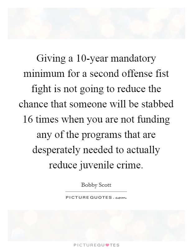 Giving a 10-year mandatory minimum for a second offense fist fight is not going to reduce the chance that someone will be stabbed 16 times when you are not funding any of the programs that are desperately needed to actually reduce juvenile crime. Picture Quote #1