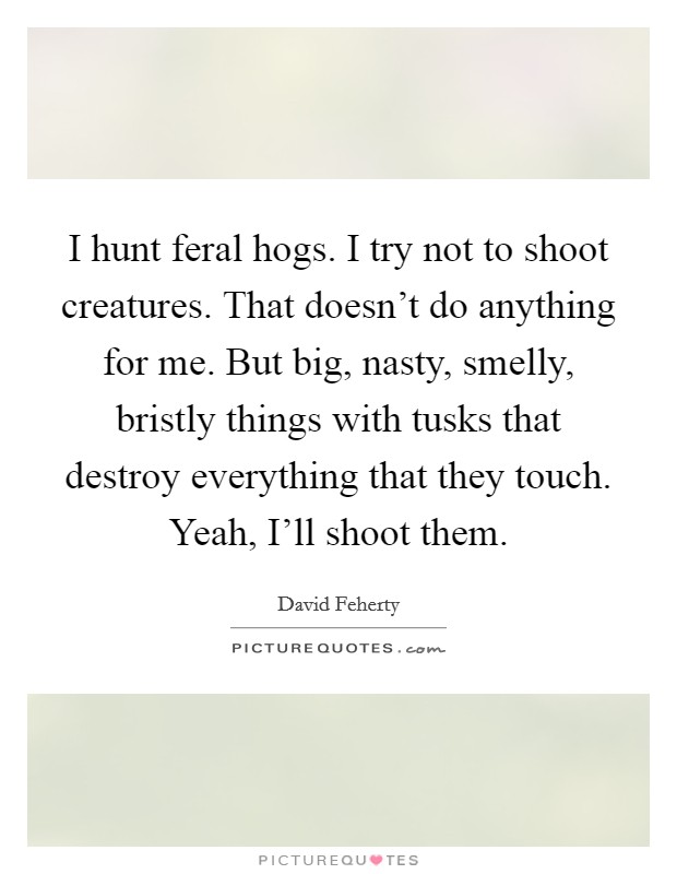 I hunt feral hogs. I try not to shoot creatures. That doesn't do anything for me. But big, nasty, smelly, bristly things with tusks that destroy everything that they touch. Yeah, I'll shoot them. Picture Quote #1