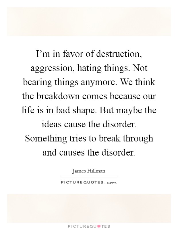 I'm in favor of destruction, aggression, hating things. Not bearing things anymore. We think the breakdown comes because our life is in bad shape. But maybe the ideas cause the disorder. Something tries to break through and causes the disorder. Picture Quote #1