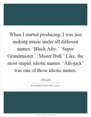 When I started producing, I was just making music under all different names. ‘Black Afro.’ ‘Super Grandmaster.’ ‘Mister Bull.’ Like, the most stupid, idiotic names. ‘Afrojack’ was one of those idiotic names Picture Quote #1