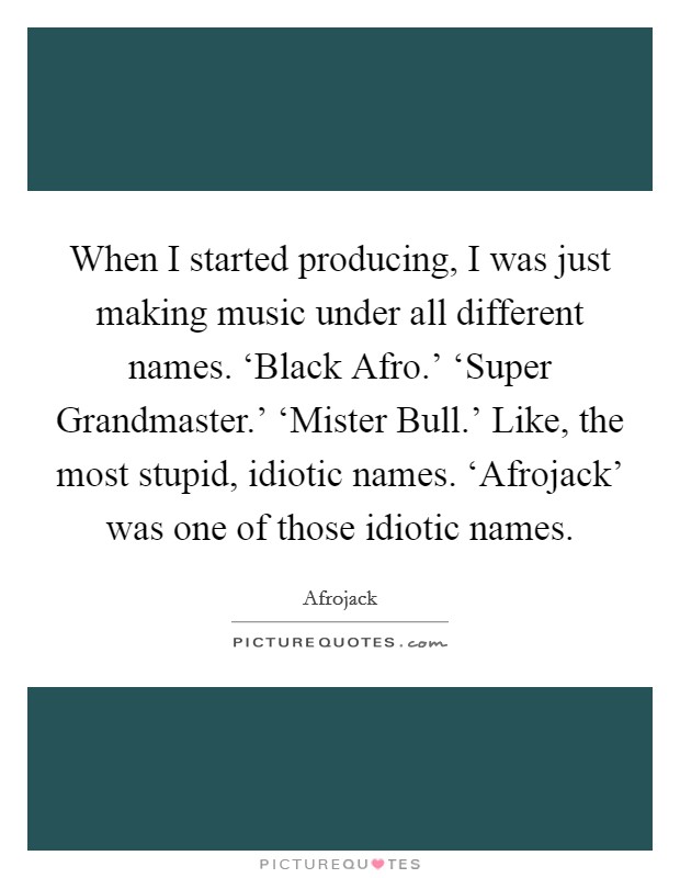 When I started producing, I was just making music under all different names. ‘Black Afro.' ‘Super Grandmaster.' ‘Mister Bull.' Like, the most stupid, idiotic names. ‘Afrojack' was one of those idiotic names. Picture Quote #1