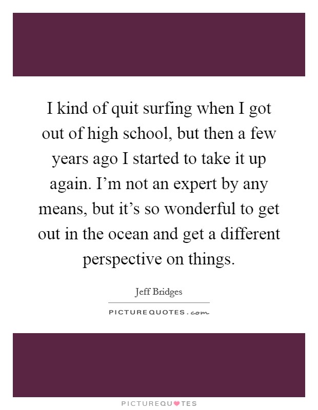 I kind of quit surfing when I got out of high school, but then a few years ago I started to take it up again. I'm not an expert by any means, but it's so wonderful to get out in the ocean and get a different perspective on things. Picture Quote #1