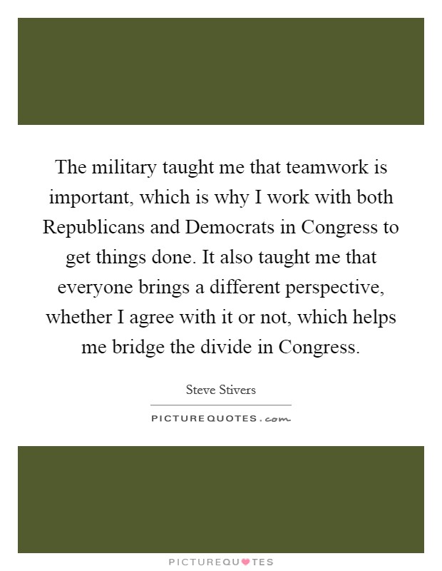 The military taught me that teamwork is important, which is why I work with both Republicans and Democrats in Congress to get things done. It also taught me that everyone brings a different perspective, whether I agree with it or not, which helps me bridge the divide in Congress. Picture Quote #1