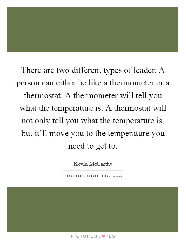 There are two different types of leader. A person can either be like a thermometer or a thermostat. A thermometer will tell you what the temperature is. A thermostat will not only tell you what the temperature is, but it'll move you to the temperature you need to get to. Picture Quote #1