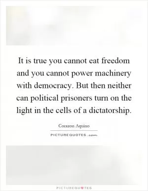 It is true you cannot eat freedom and you cannot power machinery with democracy. But then neither can political prisoners turn on the light in the cells of a dictatorship Picture Quote #1