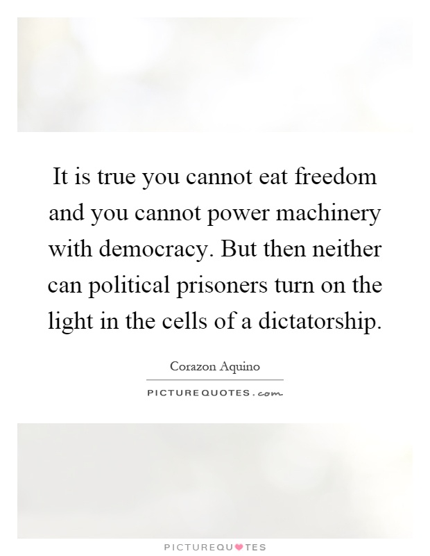 It is true you cannot eat freedom and you cannot power machinery with democracy. But then neither can political prisoners turn on the light in the cells of a dictatorship Picture Quote #1