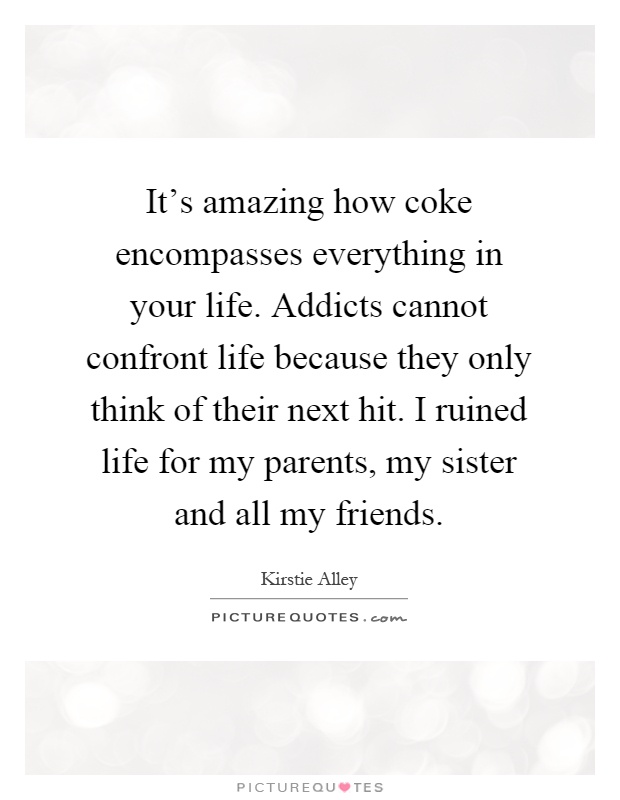 It's amazing how coke encompasses everything in your life. Addicts cannot confront life because they only think of their next hit. I ruined life for my parents, my sister and all my friends Picture Quote #1