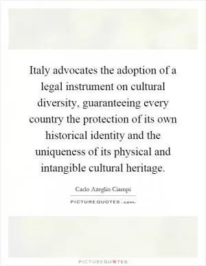 Italy advocates the adoption of a legal instrument on cultural diversity, guaranteeing every country the protection of its own historical identity and the uniqueness of its physical and intangible cultural heritage Picture Quote #1