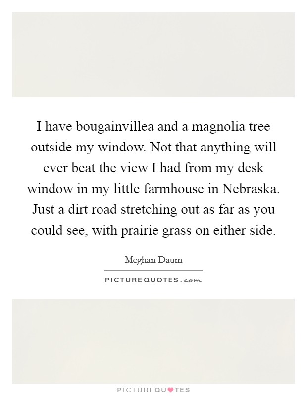 I have bougainvillea and a magnolia tree outside my window. Not that anything will ever beat the view I had from my desk window in my little farmhouse in Nebraska. Just a dirt road stretching out as far as you could see, with prairie grass on either side. Picture Quote #1
