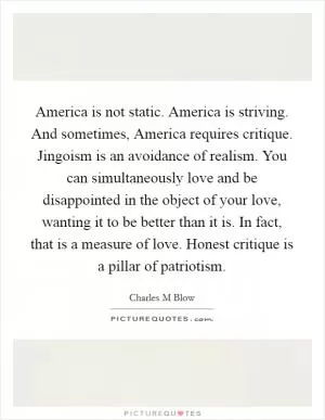 America is not static. America is striving. And sometimes, America requires critique. Jingoism is an avoidance of realism. You can simultaneously love and be disappointed in the object of your love, wanting it to be better than it is. In fact, that is a measure of love. Honest critique is a pillar of patriotism Picture Quote #1