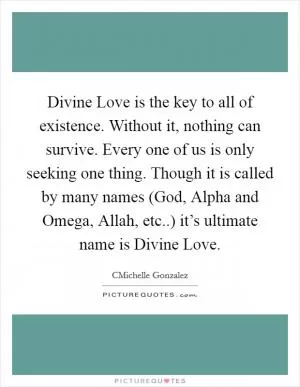 Divine Love is the key to all of existence. Without it, nothing can survive. Every one of us is only seeking one thing. Though it is called by many names (God, Alpha and Omega, Allah, etc..) it’s ultimate name is Divine Love Picture Quote #1