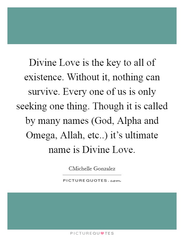 Divine Love is the key to all of existence. Without it, nothing can survive. Every one of us is only seeking one thing. Though it is called by many names (God, Alpha and Omega, Allah, etc..) it's ultimate name is Divine Love. Picture Quote #1