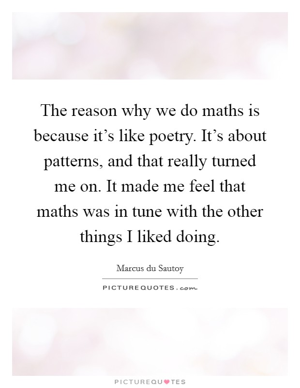 The reason why we do maths is because it's like poetry. It's about patterns, and that really turned me on. It made me feel that maths was in tune with the other things I liked doing. Picture Quote #1