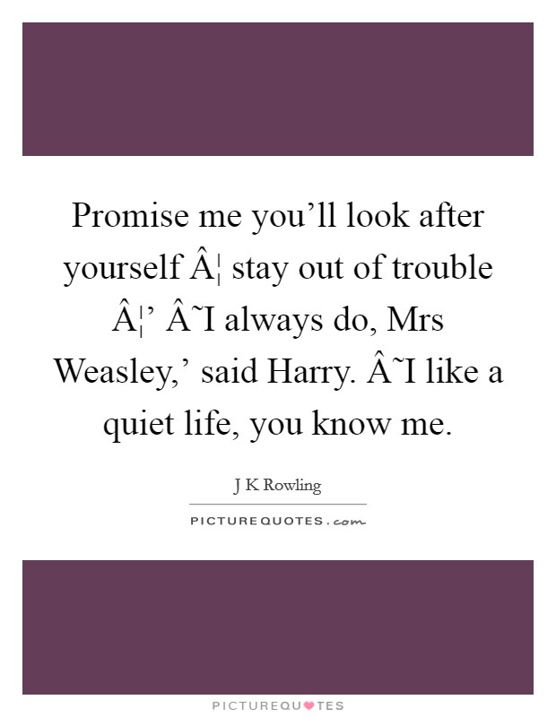 Promise me you'll look after yourself Â¦ stay out of trouble Â¦' Â˜I always do, Mrs Weasley,' said Harry. Â˜I like a quiet life, you know me. Picture Quote #1