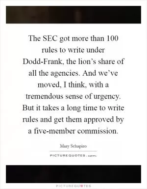 The SEC got more than 100 rules to write under Dodd-Frank, the lion’s share of all the agencies. And we’ve moved, I think, with a tremendous sense of urgency. But it takes a long time to write rules and get them approved by a five-member commission Picture Quote #1