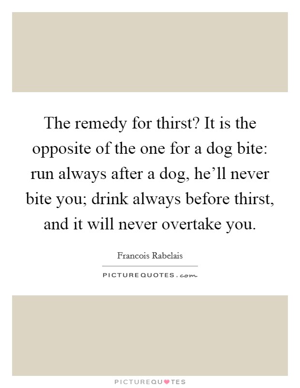 The remedy for thirst? It is the opposite of the one for a dog bite: run always after a dog, he'll never bite you; drink always before thirst, and it will never overtake you. Picture Quote #1