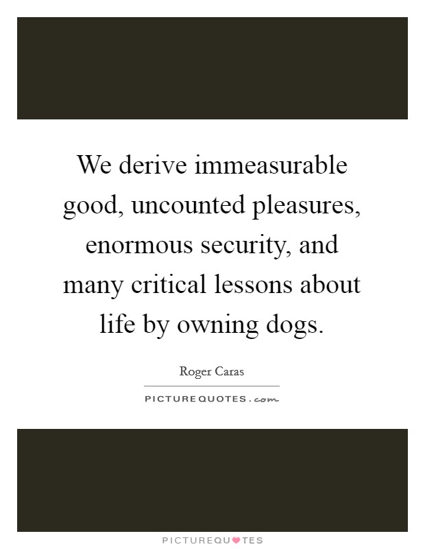 We derive immeasurable good, uncounted pleasures, enormous security, and many critical lessons about life by owning dogs. Picture Quote #1