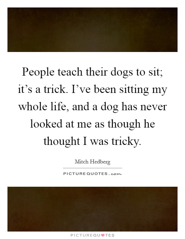 People teach their dogs to sit; it's a trick. I've been sitting my whole life, and a dog has never looked at me as though he thought I was tricky. Picture Quote #1