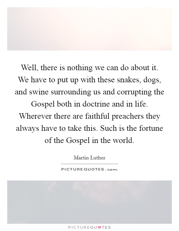 Well, there is nothing we can do about it. We have to put up with these snakes, dogs, and swine surrounding us and corrupting the Gospel both in doctrine and in life. Wherever there are faithful preachers they always have to take this. Such is the fortune of the Gospel in the world. Picture Quote #1
