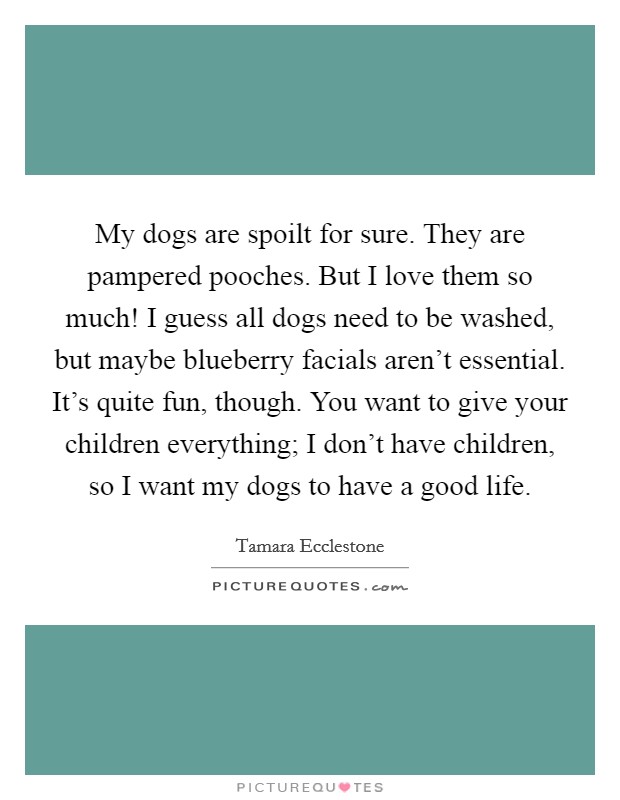 My dogs are spoilt for sure. They are pampered pooches. But I love them so much! I guess all dogs need to be washed, but maybe blueberry facials aren't essential. It's quite fun, though. You want to give your children everything; I don't have children, so I want my dogs to have a good life. Picture Quote #1
