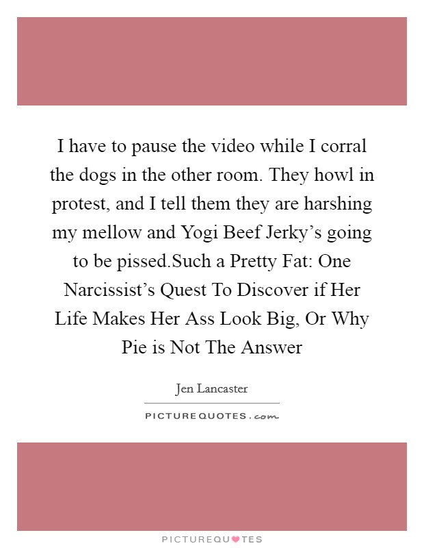 I have to pause the video while I corral the dogs in the other room. They howl in protest, and I tell them they are harshing my mellow and Yogi Beef Jerky's going to be pissed.Such a Pretty Fat: One Narcissist's Quest To Discover if Her Life Makes Her Ass Look Big, Or Why Pie is Not The Answer Picture Quote #1