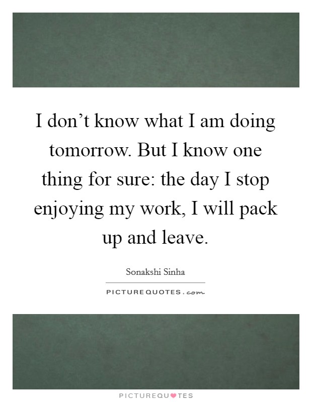 I don't know what I am doing tomorrow. But I know one thing for sure: the day I stop enjoying my work, I will pack up and leave. Picture Quote #1