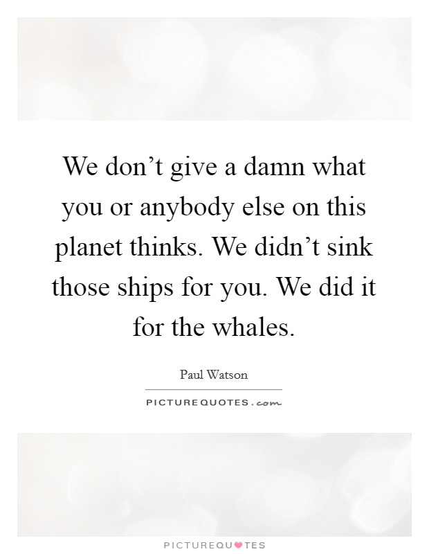 We don't give a damn what you or anybody else on this planet thinks. We didn't sink those ships for you. We did it for the whales. Picture Quote #1