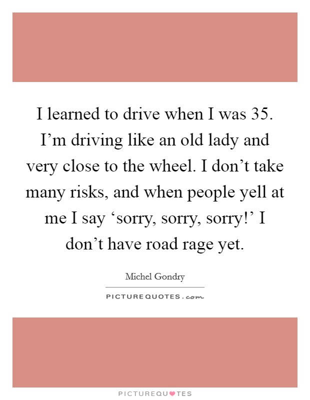 I learned to drive when I was 35. I'm driving like an old lady and very close to the wheel. I don't take many risks, and when people yell at me I say ‘sorry, sorry, sorry!' I don't have road rage yet. Picture Quote #1
