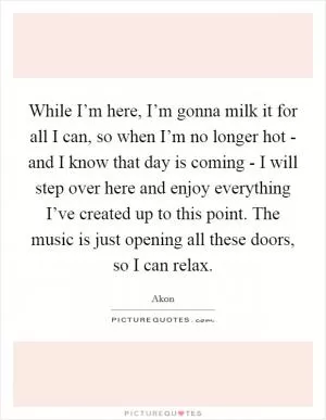 While I’m here, I’m gonna milk it for all I can, so when I’m no longer hot - and I know that day is coming - I will step over here and enjoy everything I’ve created up to this point. The music is just opening all these doors, so I can relax Picture Quote #1