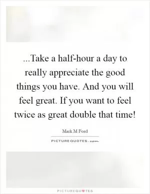 ...Take a half-hour a day to really appreciate the good things you have. And you will feel great. If you want to feel twice as great double that time! Picture Quote #1