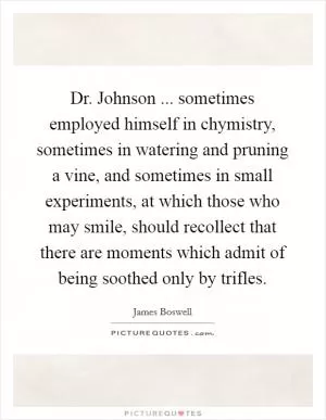 Dr. Johnson ... sometimes employed himself in chymistry, sometimes in watering and pruning a vine, and sometimes in small experiments, at which those who may smile, should recollect that there are moments which admit of being soothed only by trifles Picture Quote #1