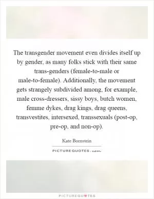 The transgender movement even divides itself up by gender, as many folks stick with their same trans-genders (female-to-male or male-to-female). Additionally, the movement gets strangely subdivided among, for example, male cross-dressers, sissy boys, butch women, femme dykes, drag kings, drag queens, transvestites, intersexed, transsexuals (post-op, pre-op, and non-op) Picture Quote #1