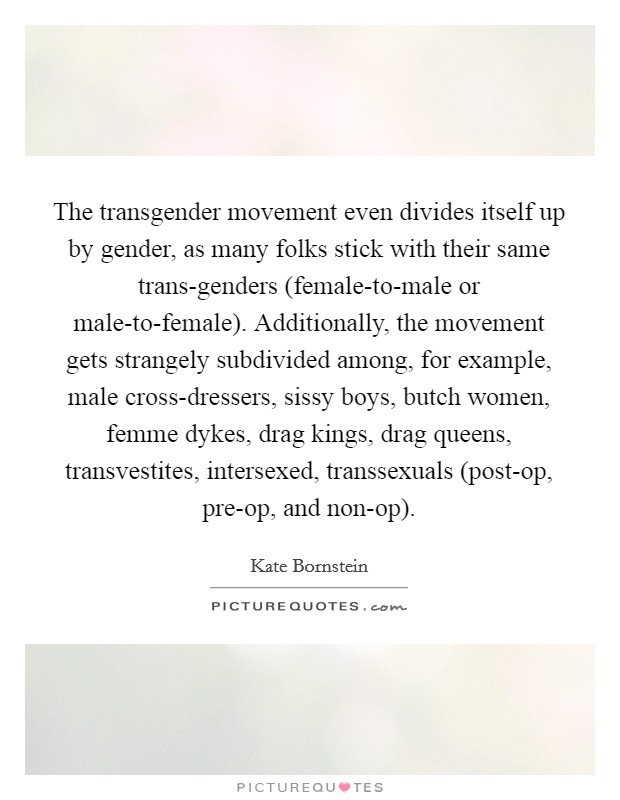 The transgender movement even divides itself up by gender, as many folks stick with their same trans-genders (female-to-male or male-to-female). Additionally, the movement gets strangely subdivided among, for example, male cross-dressers, sissy boys, butch women, femme dykes, drag kings, drag queens, transvestites, intersexed, transsexuals (post-op, pre-op, and non-op). Picture Quote #1