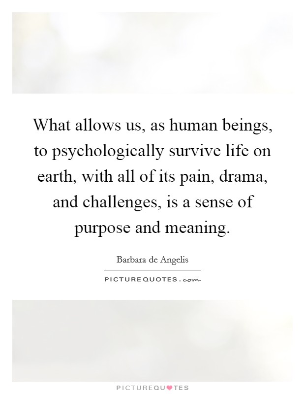 What allows us, as human beings, to psychologically survive life on earth, with all of its pain, drama, and challenges, is a sense of purpose and meaning. Picture Quote #1
